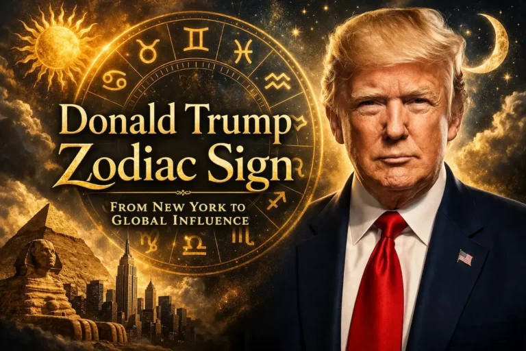 Donald Trump zodiac sign premium astrology artwork with zodiac wheel and golden celestial background