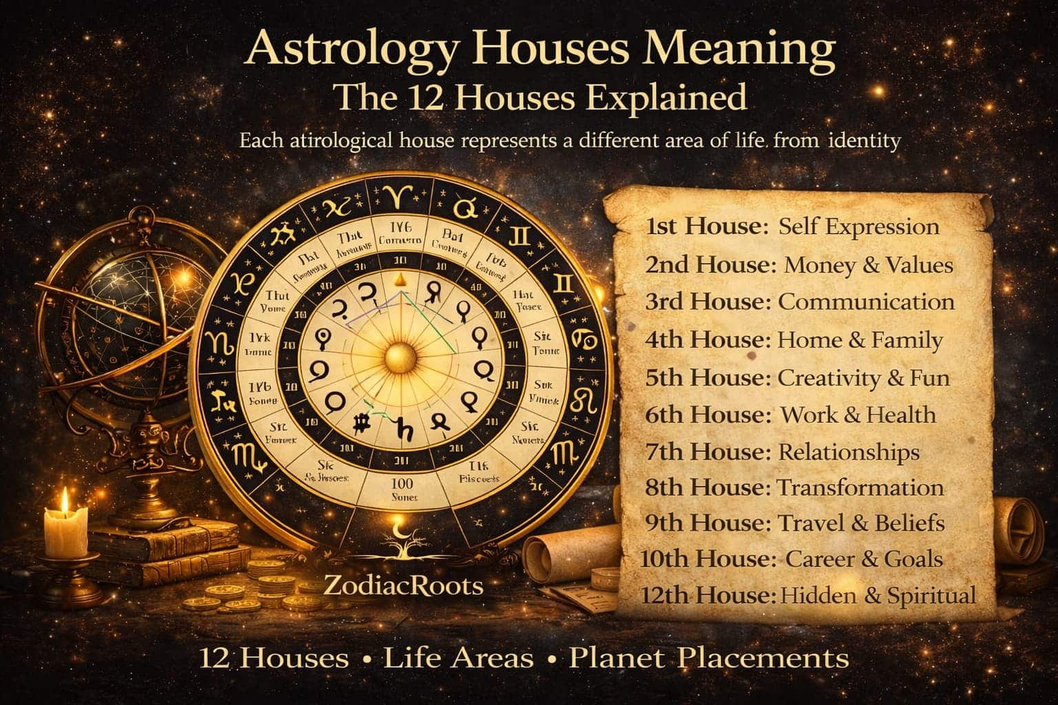 Astrology houses meaning diagram showing the 12 houses in astrology and the life areas they represent