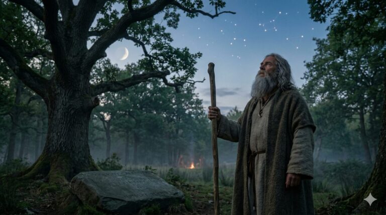 Druid in a misty oak grove under the moon and stars, symbolising Celtic astrology, sacred nature wisdom, and the bond between Earth and cosmos.