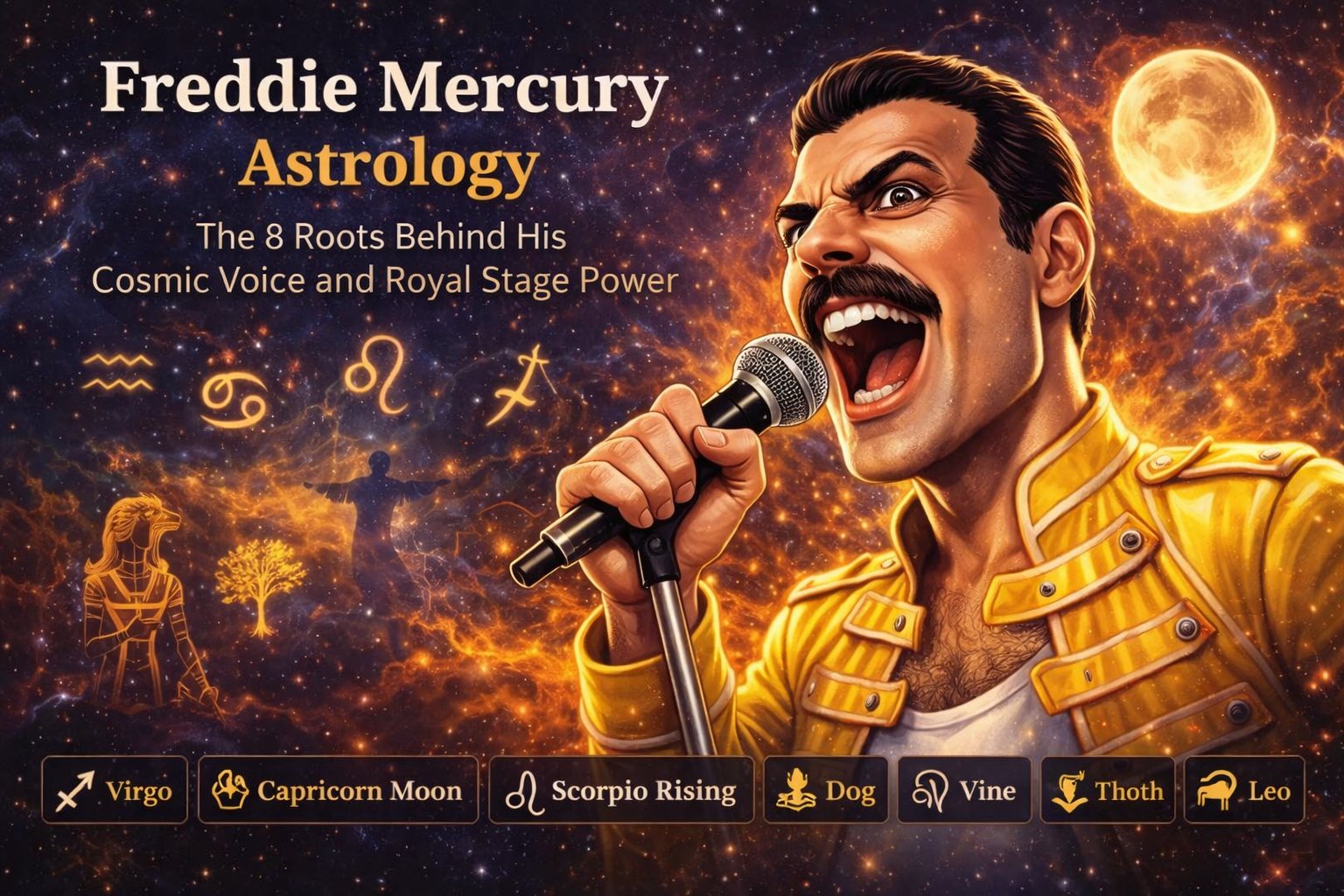 Freddie Mercury astrology image from ZodiacRoots showing his 8 Roots symbolic profile