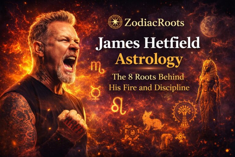 James Hetfield astrology image with fiery cosmic symbols and the ZodiacRoots 8 Roots theme