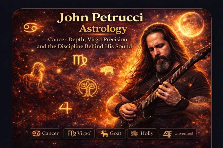 John Petrucci astrology poster with cosmic fire background, Cancer depth, Virgo precision, guitar performance and ZodiacRoots symbolism