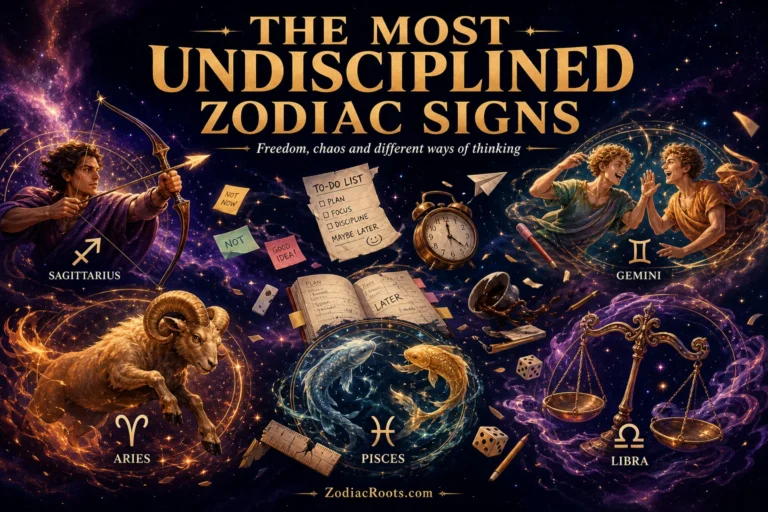 The most undisciplined zodiac signs shown as Sagittarius, Gemini, Aries, Pisces and Libra in a chaotic cosmic ZodiacRoots artwork.