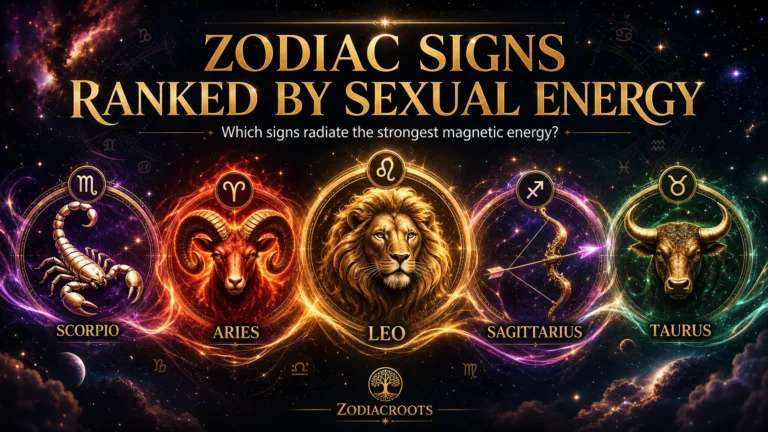 Zodiac signs ranked by sexual energy with Scorpio, Aries, Leo, Sagittarius and Taurus shown as glowing astrology symbols.