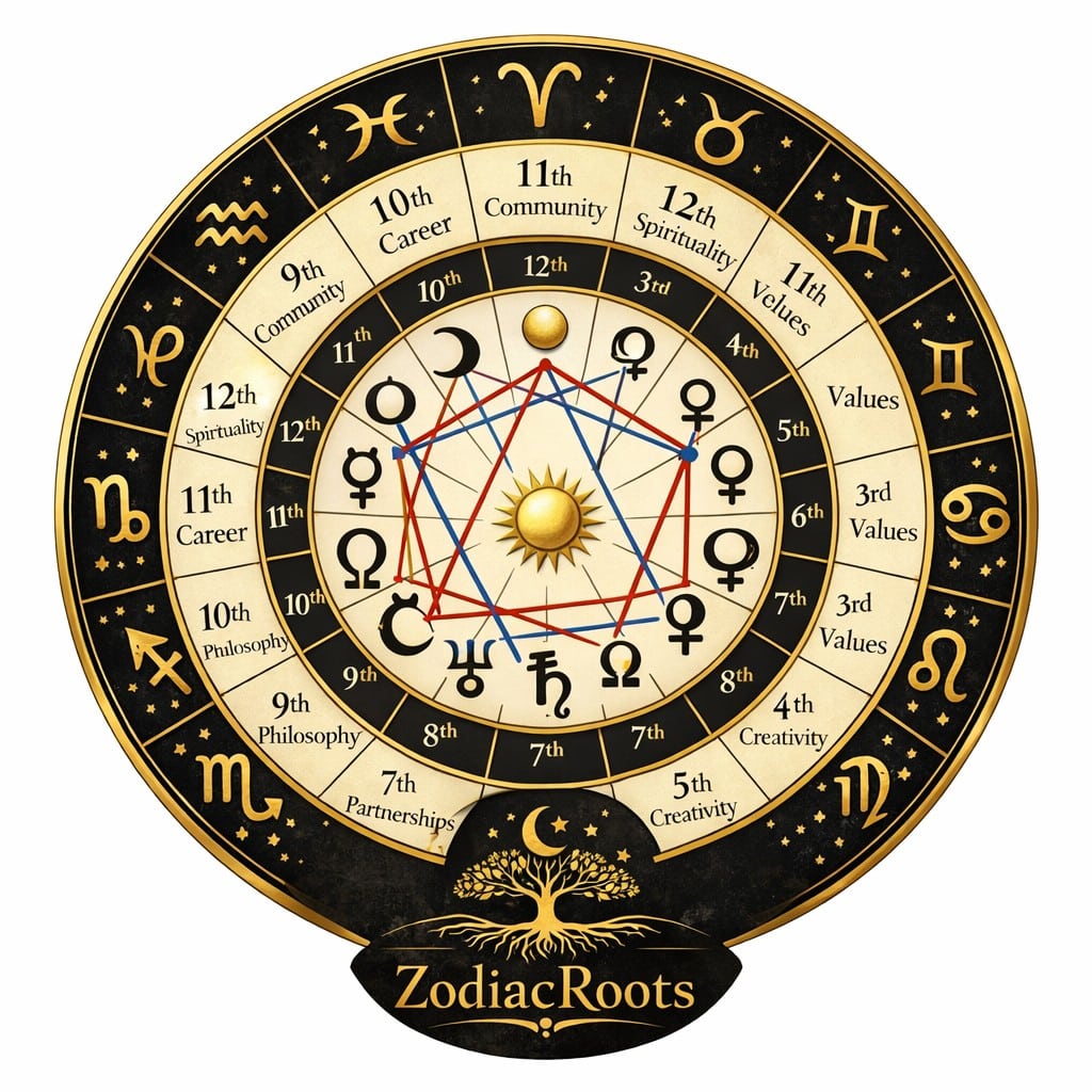 How to interpret a birth chart wheel with planets, zodiac signs, houses and aspects