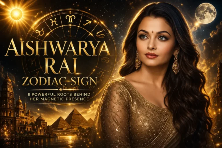 Aishwarya Rai zodiac sign premium astrology image with golden zodiac wheel