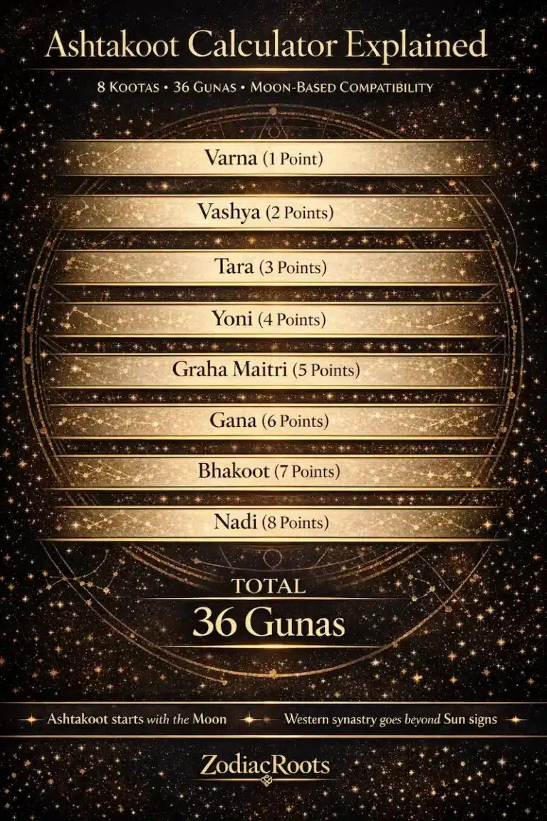 Ashtakoot calculator infographic showing the 8 kootas, their 36-guna weighting, and how this Moon-based Vedic compatibility system compares with Western synastry