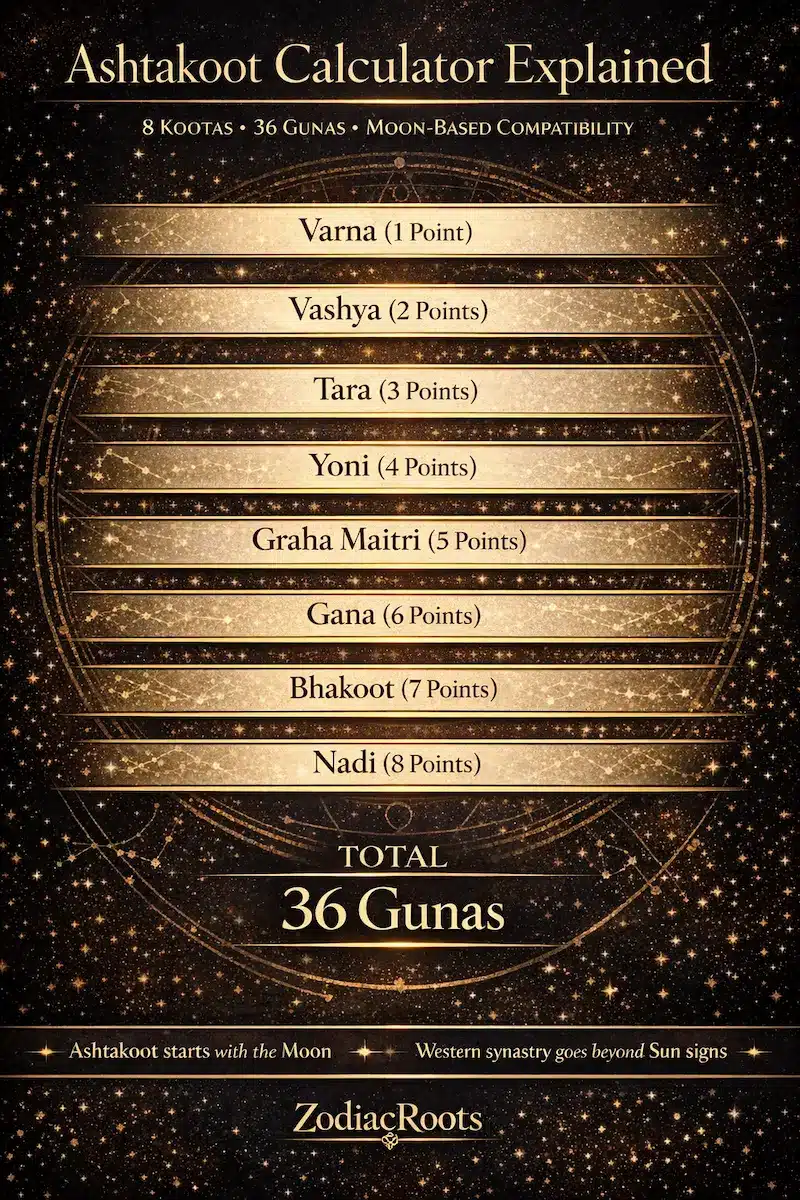 Ashtakoot Calculator infographic showing the 8 kootas, the 36 guna score, and how this Moon-based Vedic compatibility system compares with Western synastry