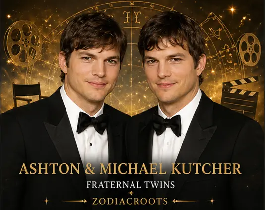 Ashton and Michael Kutcher fraternal twins astrology illustration showing twin brothers with different life paths public visibility and symbolic roles