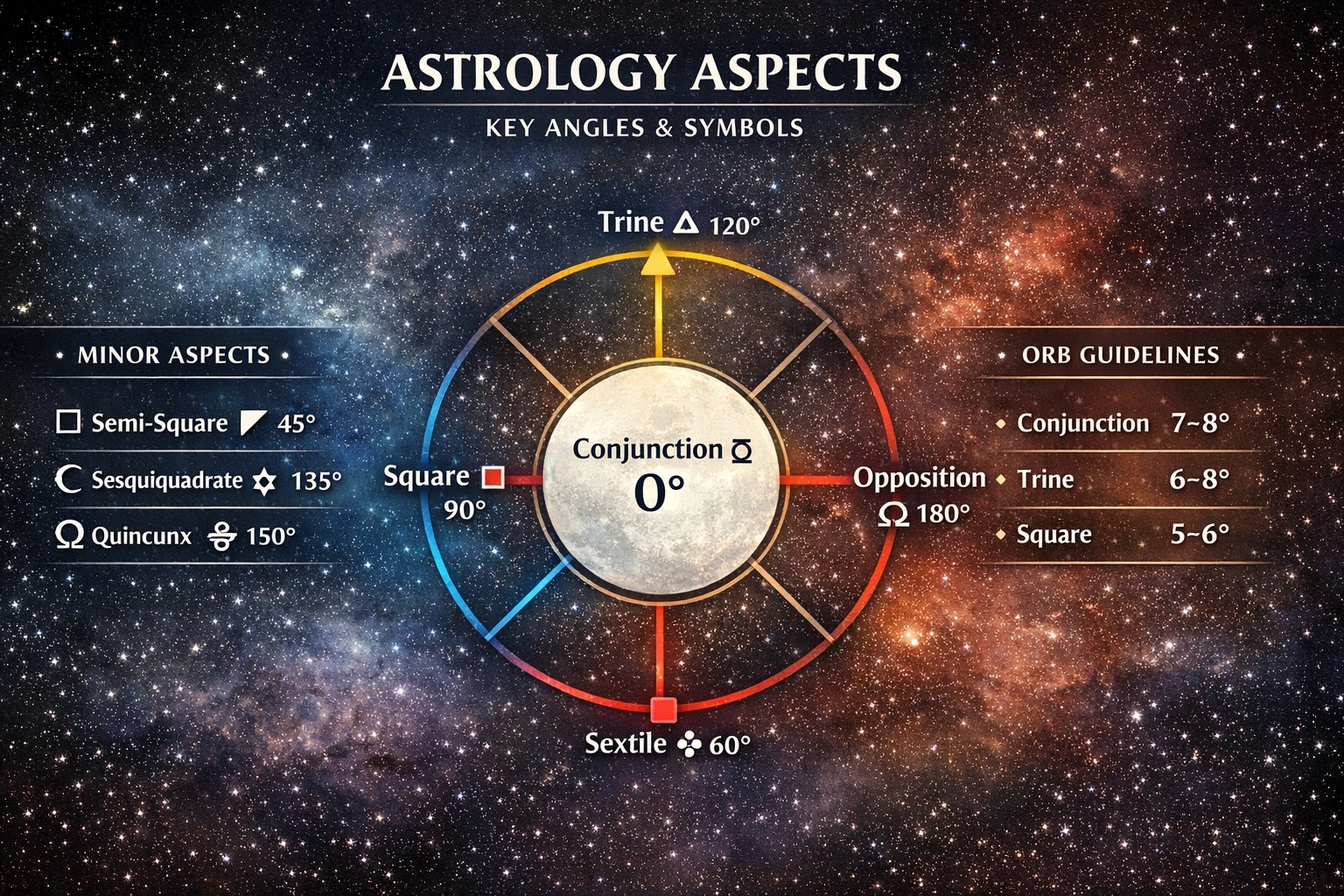 Astrology aspects explained infographic with major angles, orbs and aspect meanings