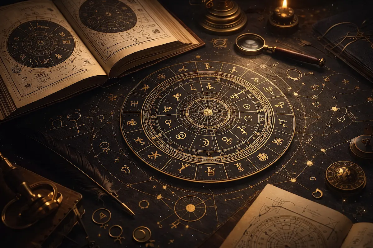 Astrology Fundamentals study scene with natal wheel and celestial diagrams
