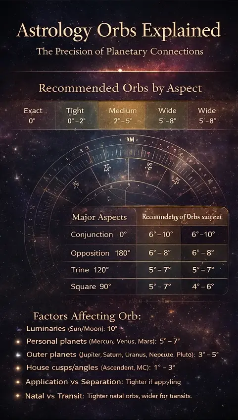 Astrology orbs explained infographic showing exact, tight, medium, and wide aspect ranges