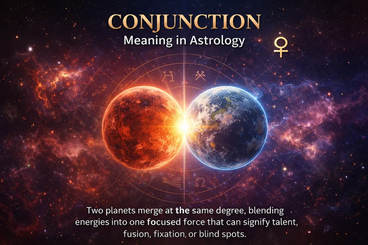 Conjunction meaning in astrology illustrated with two planetary energies merging at the same degree