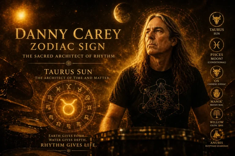 Danny Carey zodiac sign Taurus astrology poster with sacred geometry and ZodiacRoots 8 Roots symbols