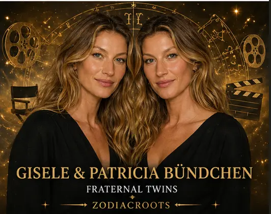 Gisele and Patricia Bundchen fraternal twins astrology illustration showing twin sisters with one public facing path and one managerial supportive role