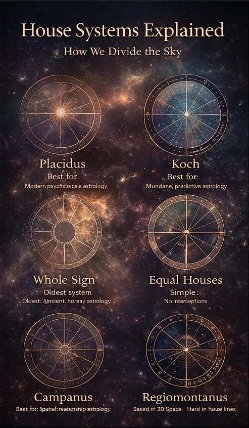 House systems explained infographic comparing Placidus, Whole Sign, Equal, Koch, Campanus, and Regiomontanus