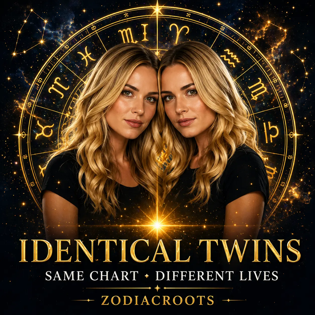 Identical twins astrology illustration showing two twin figures with the same golden birth chart and different life paths