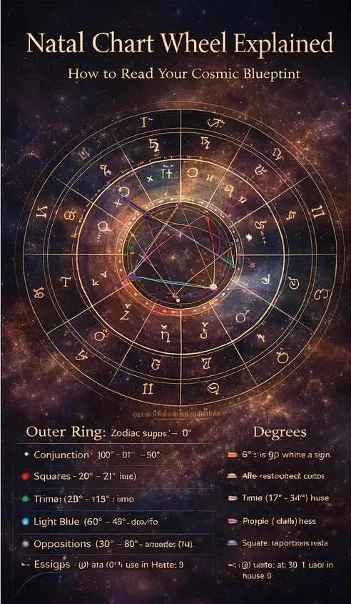 Natal chart wheel explained infographic showing zodiac signs, houses, angles, planets, and aspect lines