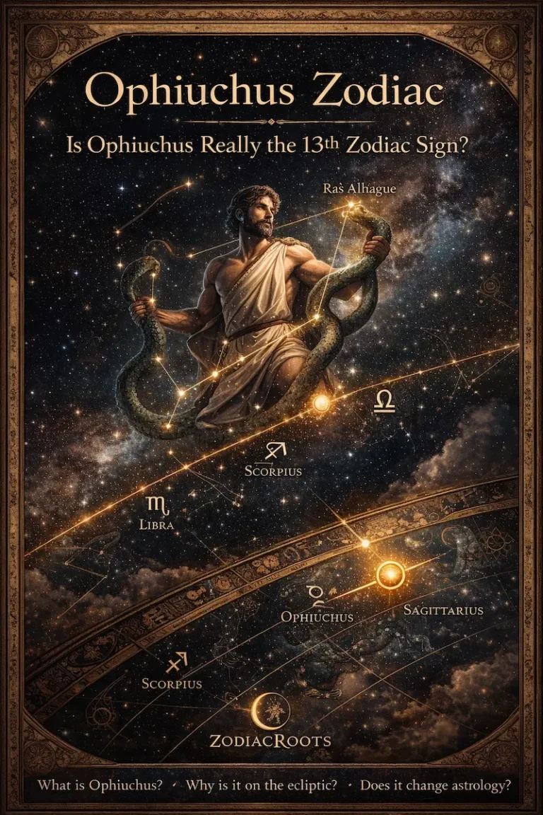 Ophiuchus zodiac illustration showing the serpent bearer and the 13th zodiac sign debate
