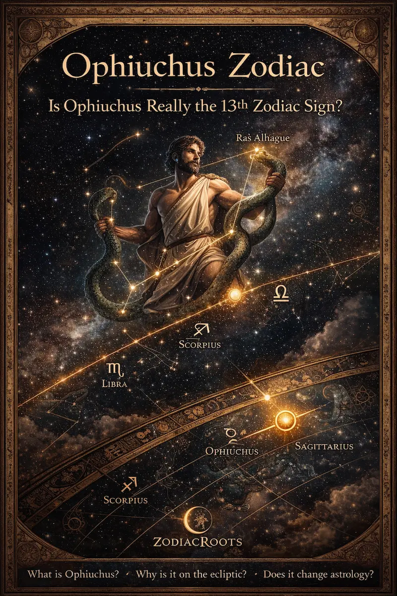 Ophiuchus zodiac illustration showing the serpent bearer and the 13th zodiac sign debate
