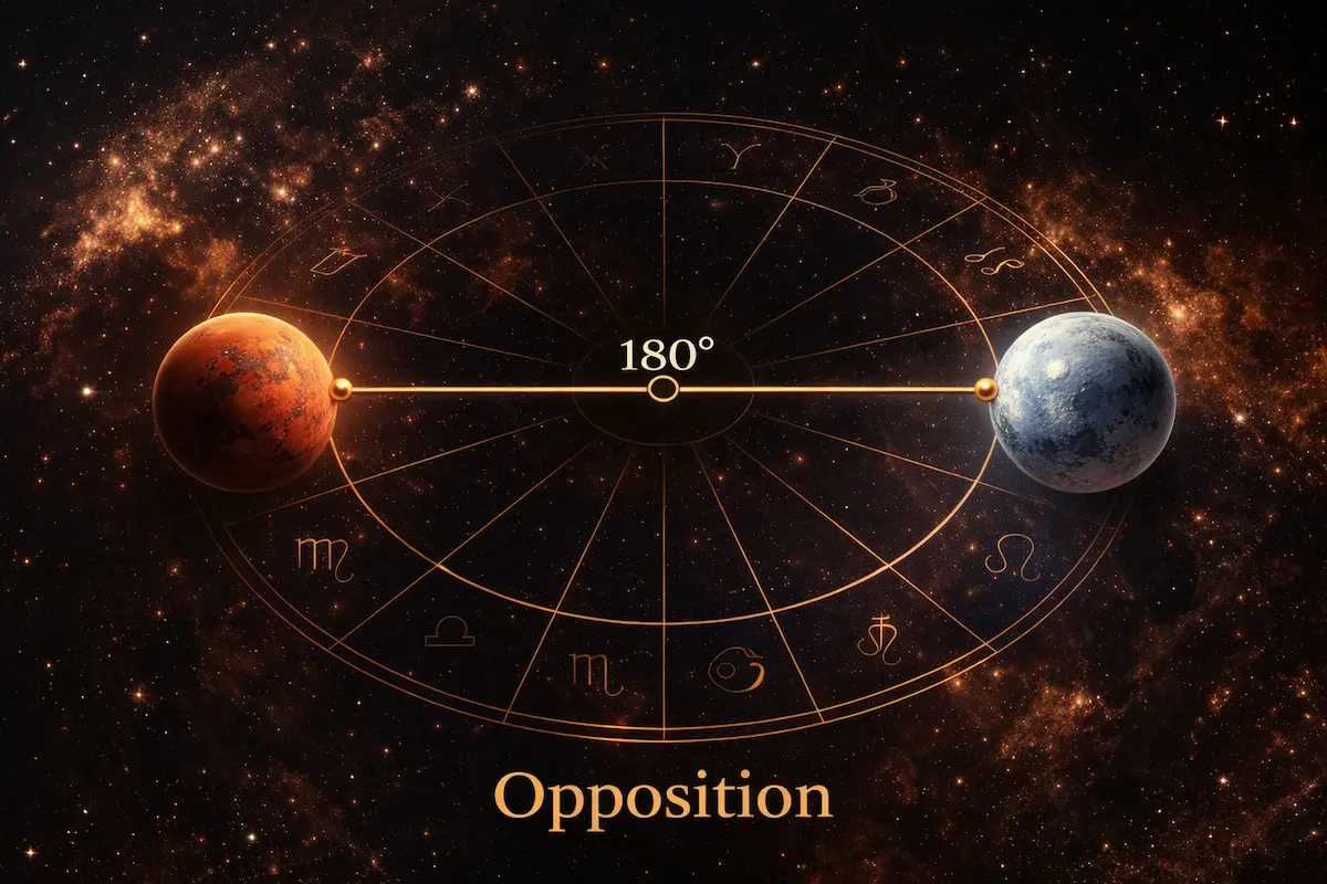 opposition meaning in astrology illustrated with two opposing planetary forces across a birth chart axis
