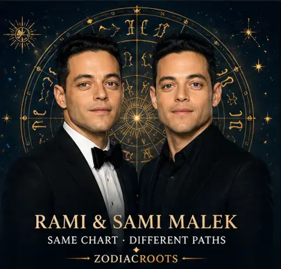 Rami and Sami Malek identical twins astrology illustration showing twin brothers with different public life expressions and a golden zodiac wheel