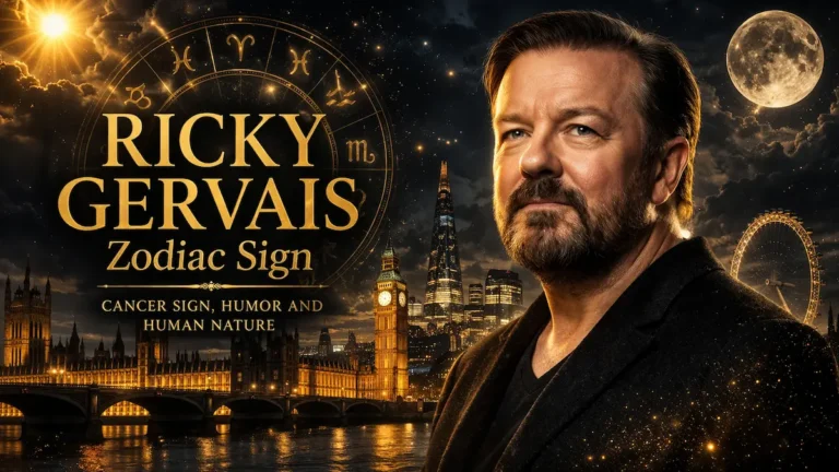 Ricky Gervais zodiac sign Cancer astrology portrait with London skyline
