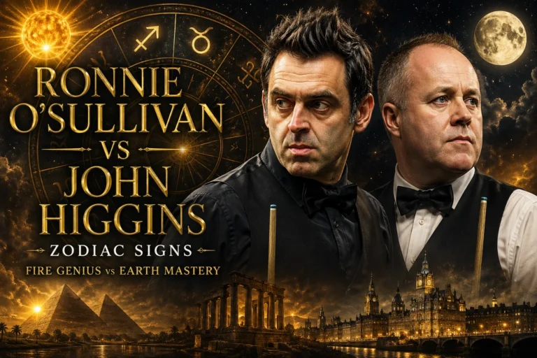 Premium ZodiacRoots astrology artwork comparing Ronnie O’Sullivan and John Higgins, with a golden zodiac wheel, dark cosmic background, Sagittarius fire symbolism for O’Sullivan and Taurus earth mastery for Higgins.