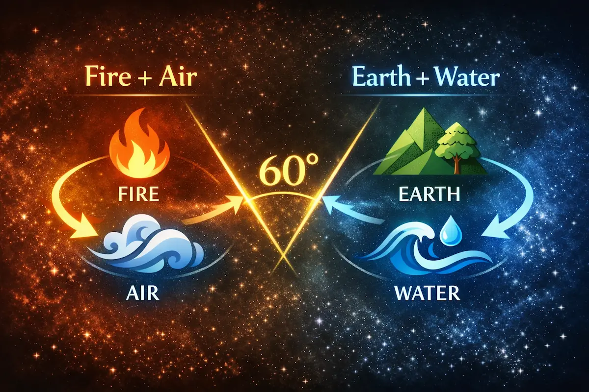 sextile meaning in astrology shown through fire and air, and earth and water, as compatible elemental pairs