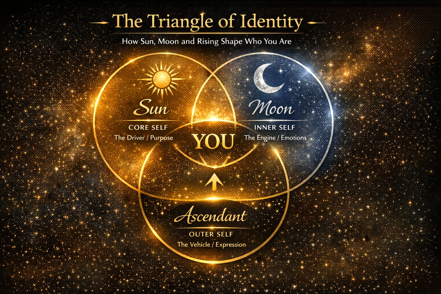 Sun moon rising meaning diagram showing the Big 3 astrology triangle
