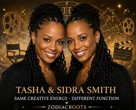 Tasha and Sidra Smith identical twins astrology illustration showing twin sisters in the creative industry with different roles and the same chart symbolism