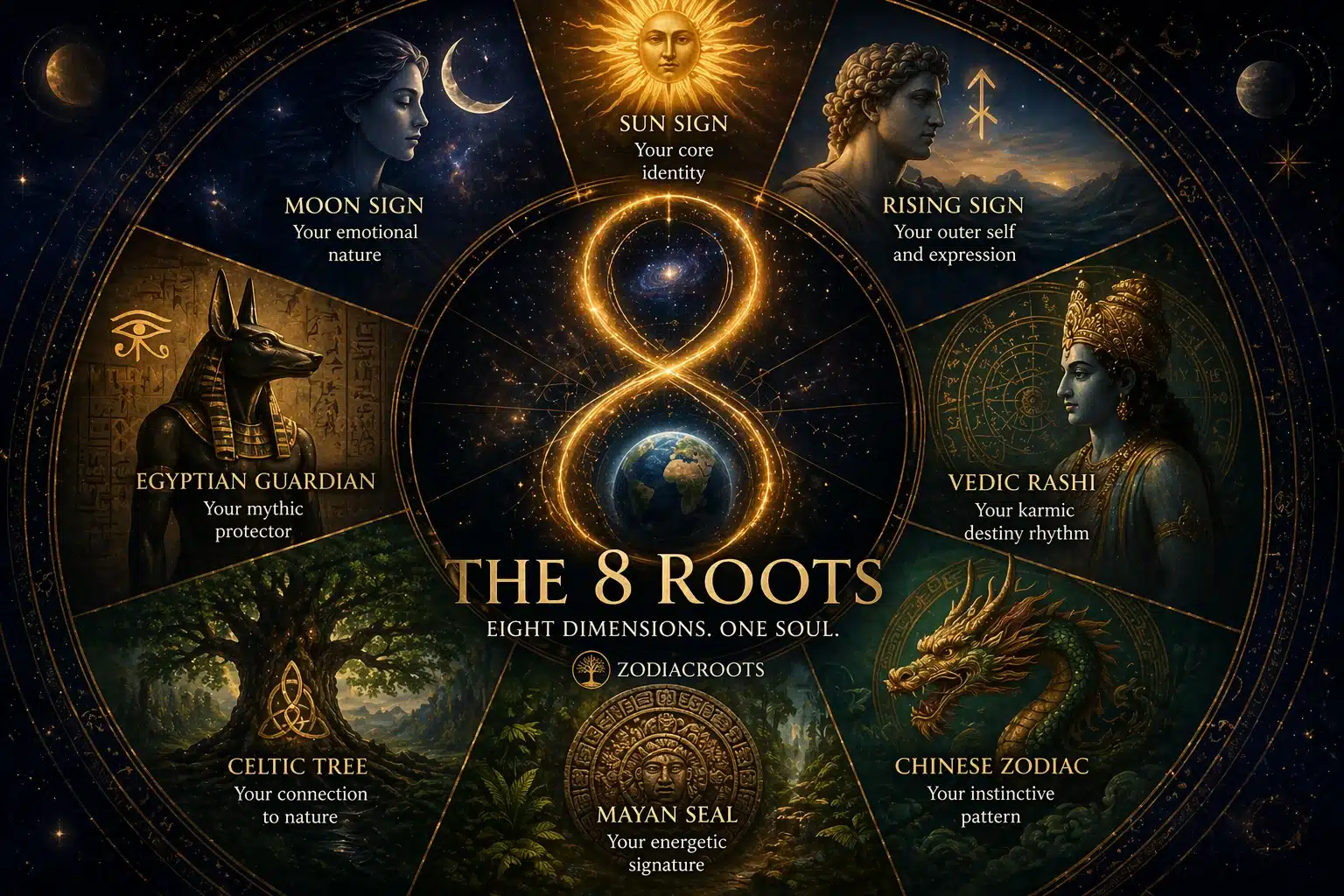 ZodiacRoots 8 Roots Method image with multiple astrology systems and a golden symbolic wheel