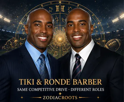 Tiki and Ronde Barber identical twins astrology illustration showing athletic twin brothers with different role expressions and a golden birth chart wheel