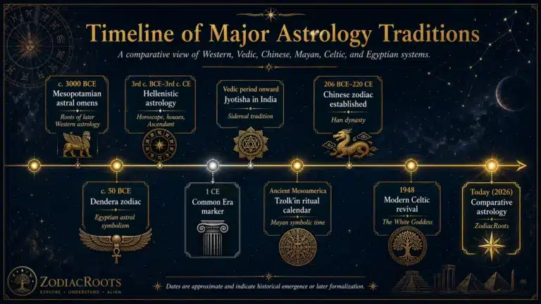 Timeline showing the historical origins of major astrology traditions including Western, Vedic, Chinese, Mayan, Celtic, and Egyptian systems