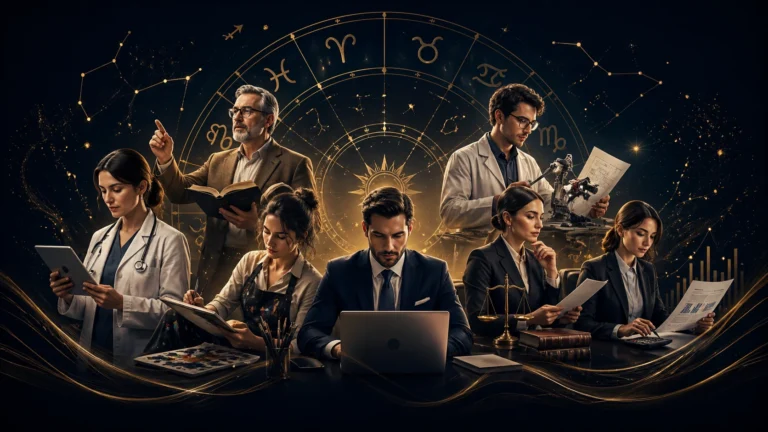 Zodiac career calculator showing doctors, teachers, business leaders, artists, scientists, lawyers and finance professionals under a subtle golden zodiac wheel.