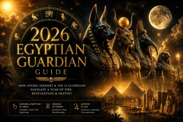 2026 Egyptian Guardian Guide cinematic artwork with Anubis, Sekhmet and Egyptian gods beneath a golden zodiac wheel, pyramids, the Nile, sun and moon in a dramatic cosmic sky