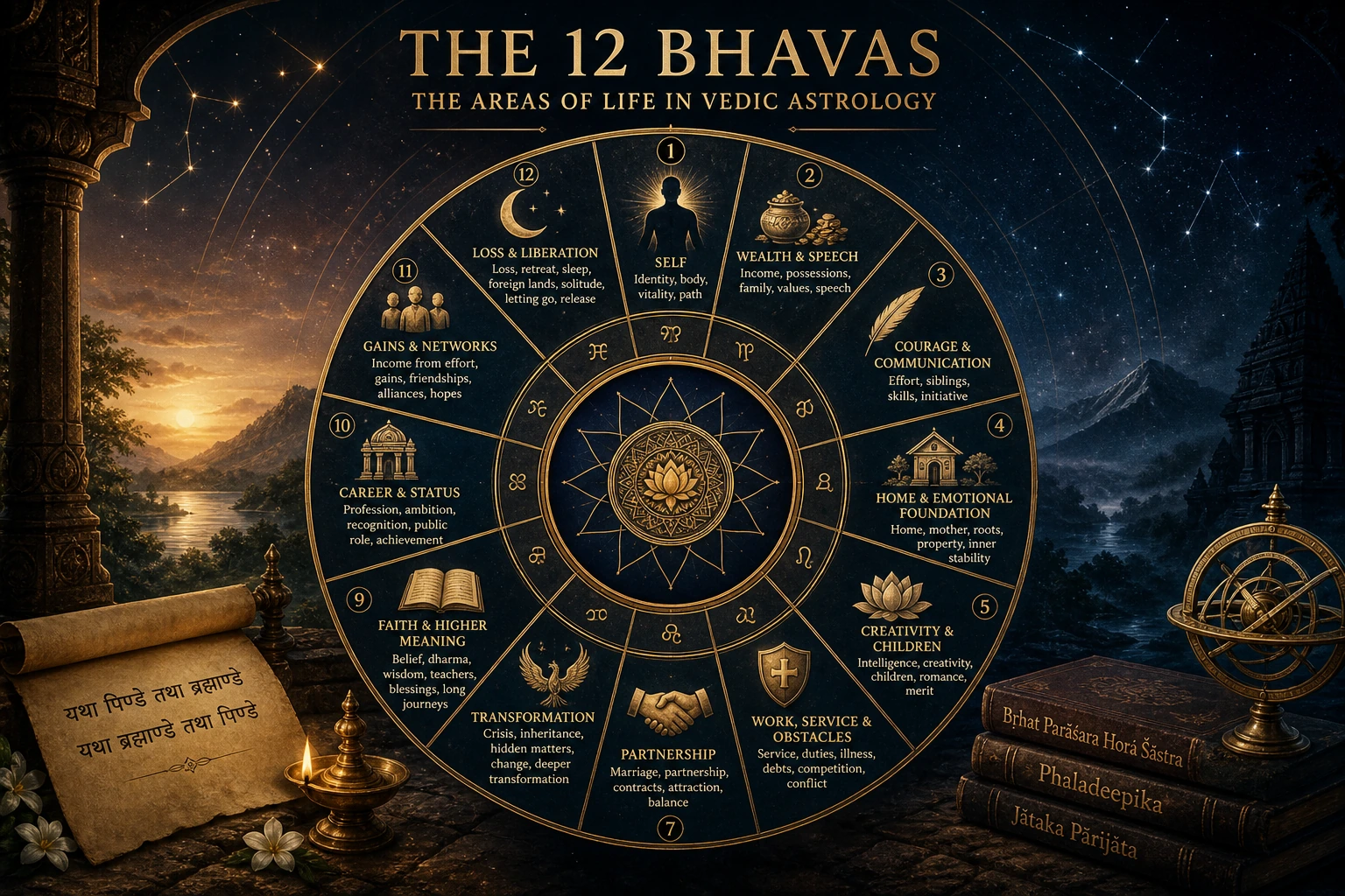 Bhavas in Vedic Astrology showing the 12 houses of the Vedic birth chart