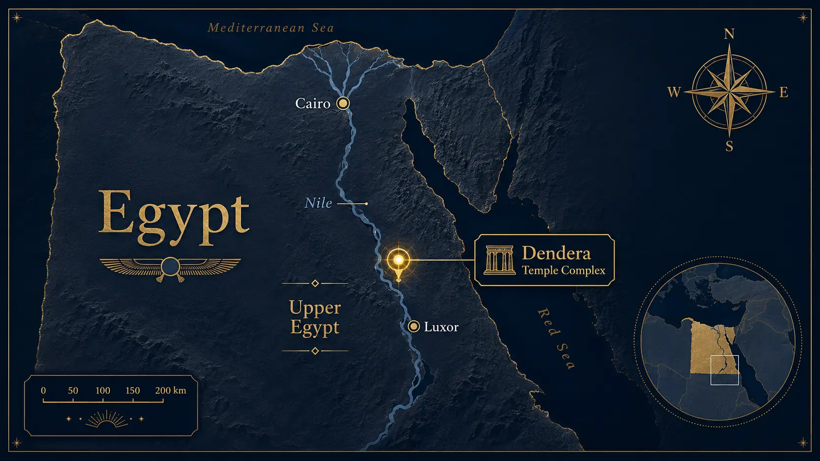 Map showing the location of the Dendera Temple complex in Upper Egypt, north of Luxor.
