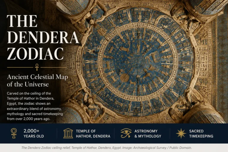 Editorial hero image inspired by the Dendera Zodiac relief, an ancient Egyptian celestial map associated with the Temple of Hathor in Dendera.