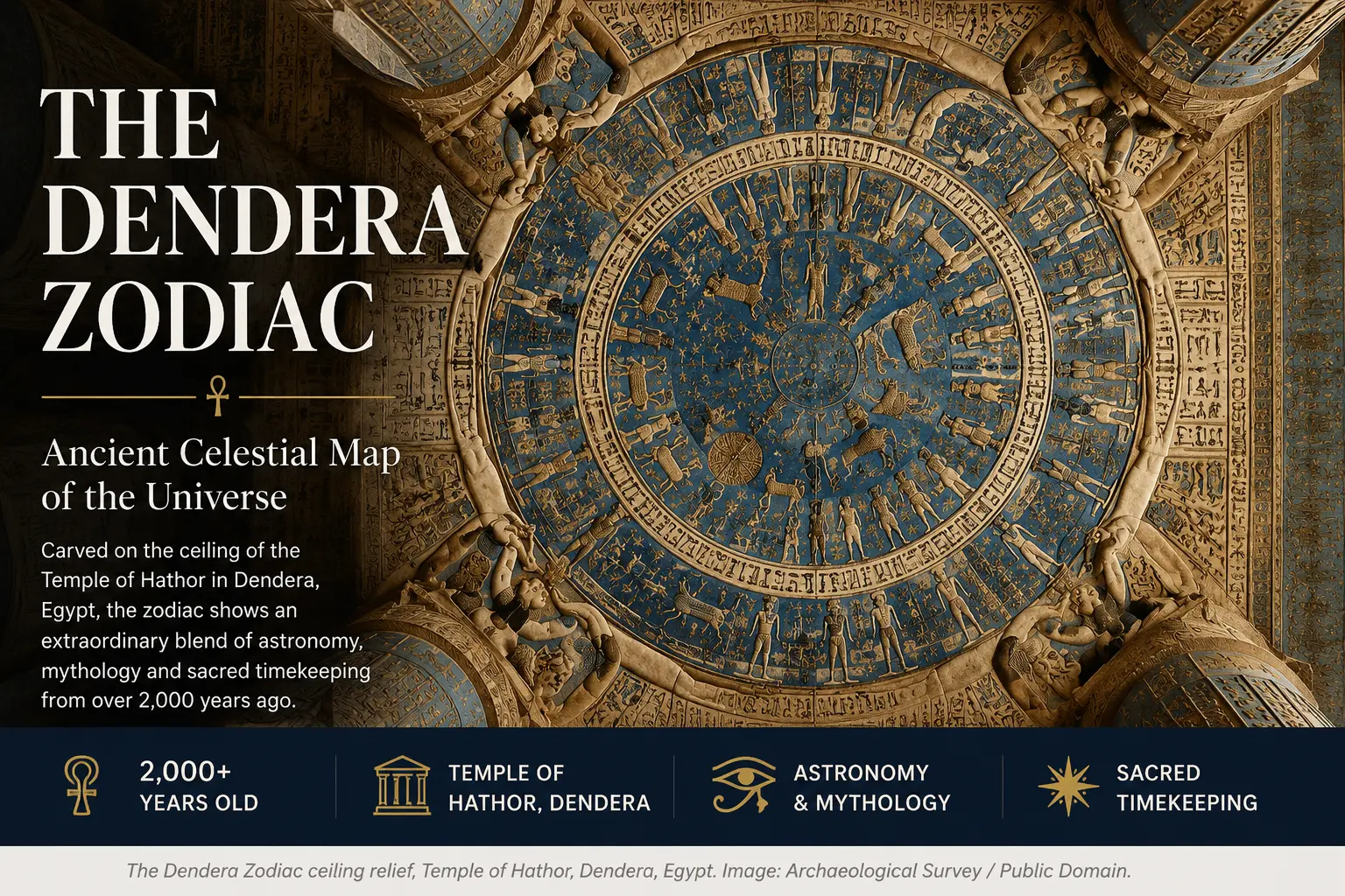 Editorial hero image inspired by the Dendera Zodiac relief, an ancient Egyptian celestial map associated with the Temple of Hathor in Dendera.
