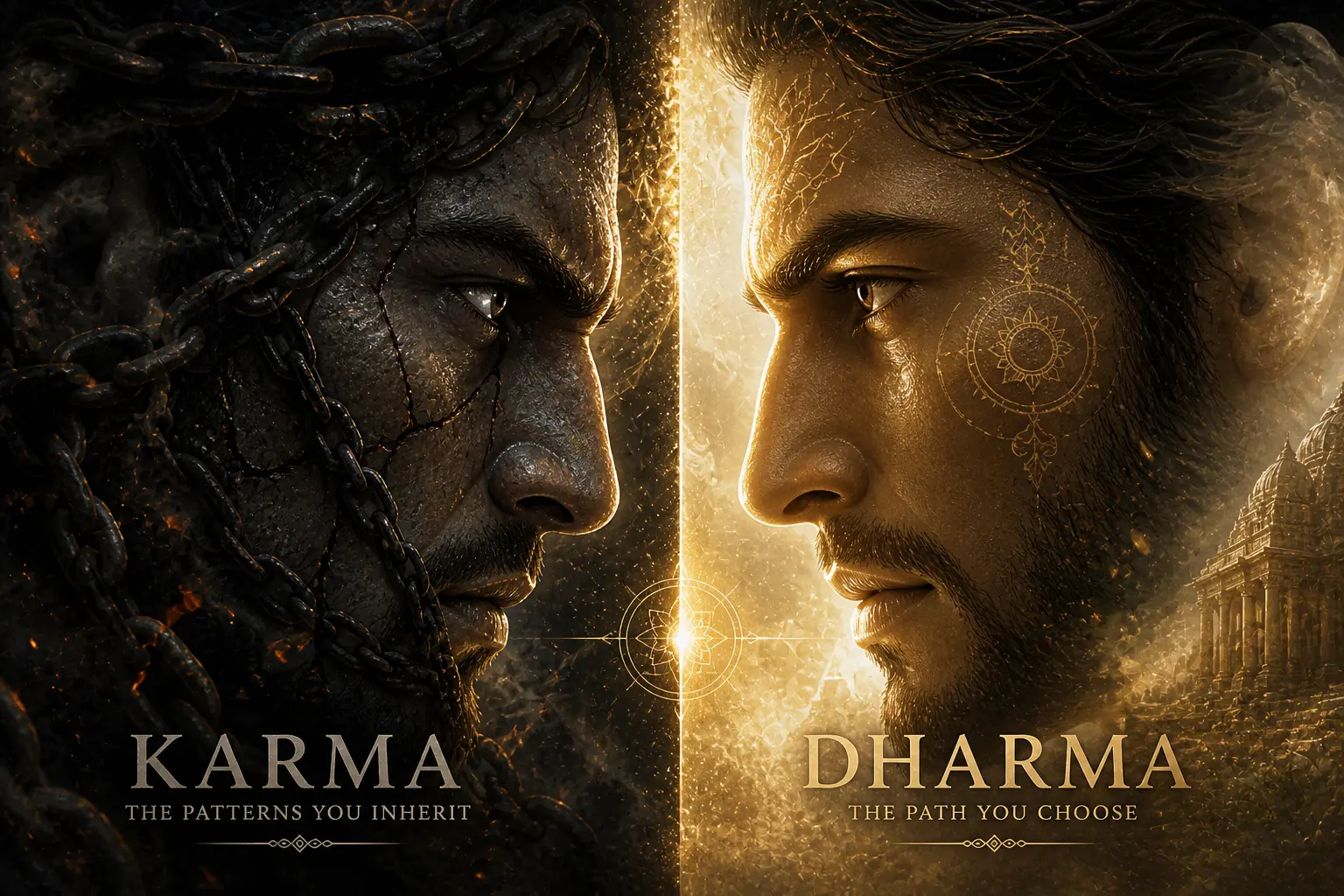 Karma Dharma Vedic Astrology symbolic portrait showing inherited patterns, conscious purpose and spiritual life direction