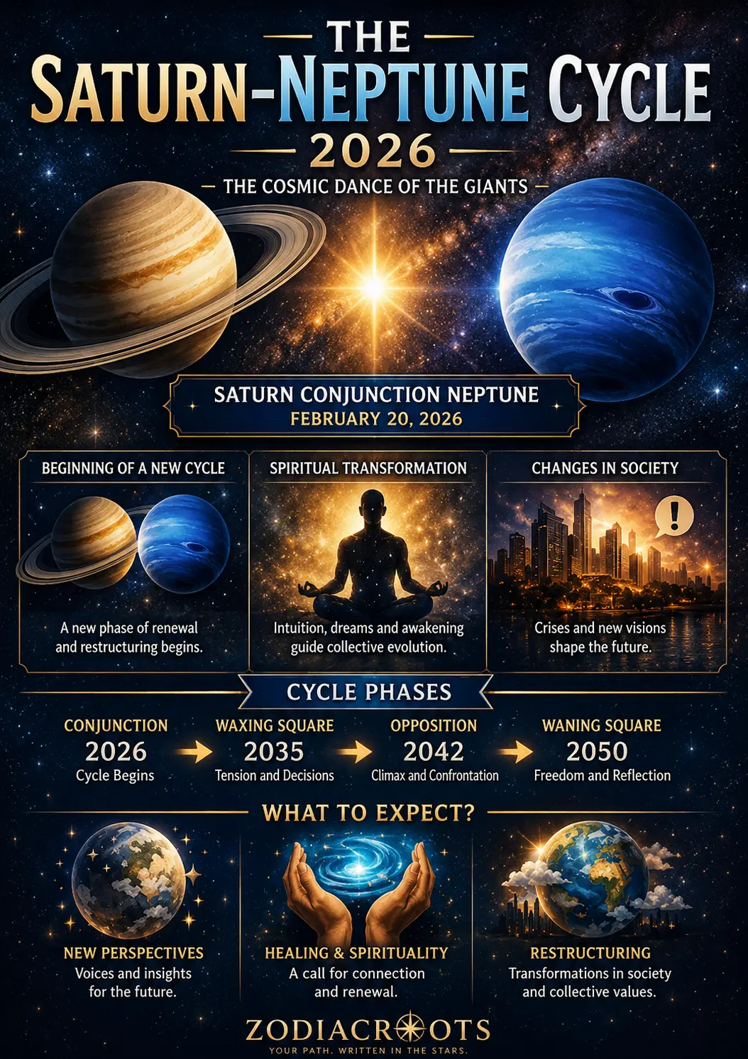Saturn Neptune cycle 2026 conjunction at 0 degrees Aries — ZodiacRoots astrology diagram