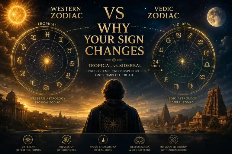 Western Zodiac vs Vedic Zodiac comparison with tropical and sidereal zodiac wheels, sun, moon and a cosmic figure exploring why astrological signs change.
