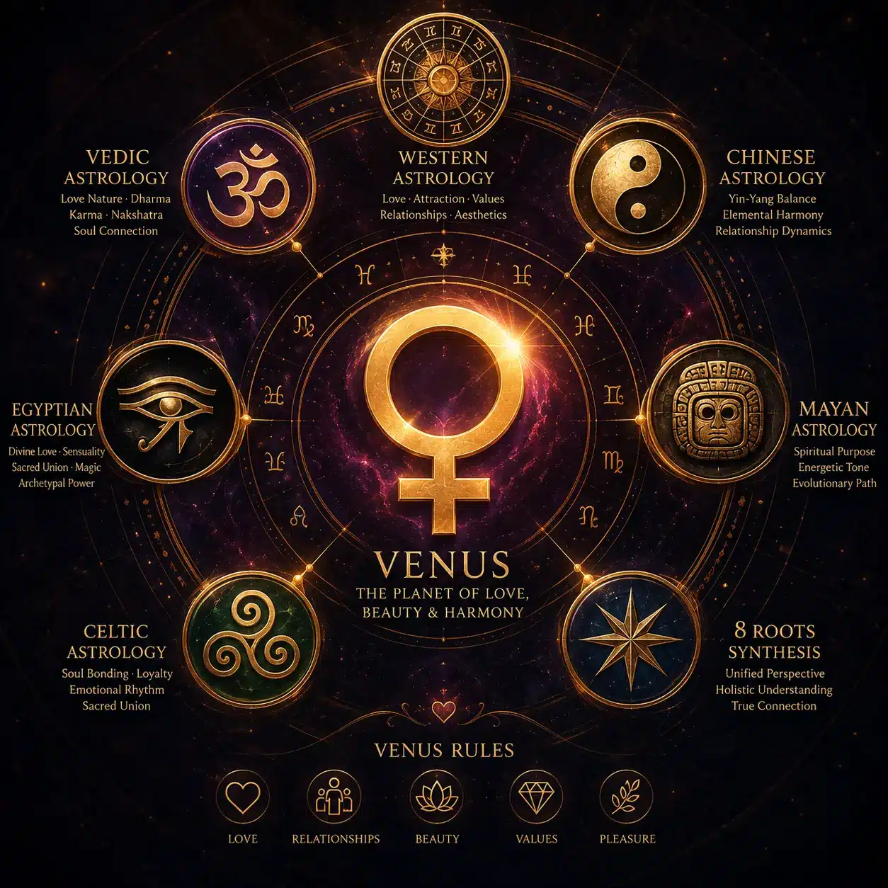 Venus astrology across eight traditions — Western, Vedic, Chinese, Mayan, Celtic and Egyptian astrology surrounding the Venus symbol in the ZodiacRoots 8 Roots synthesis