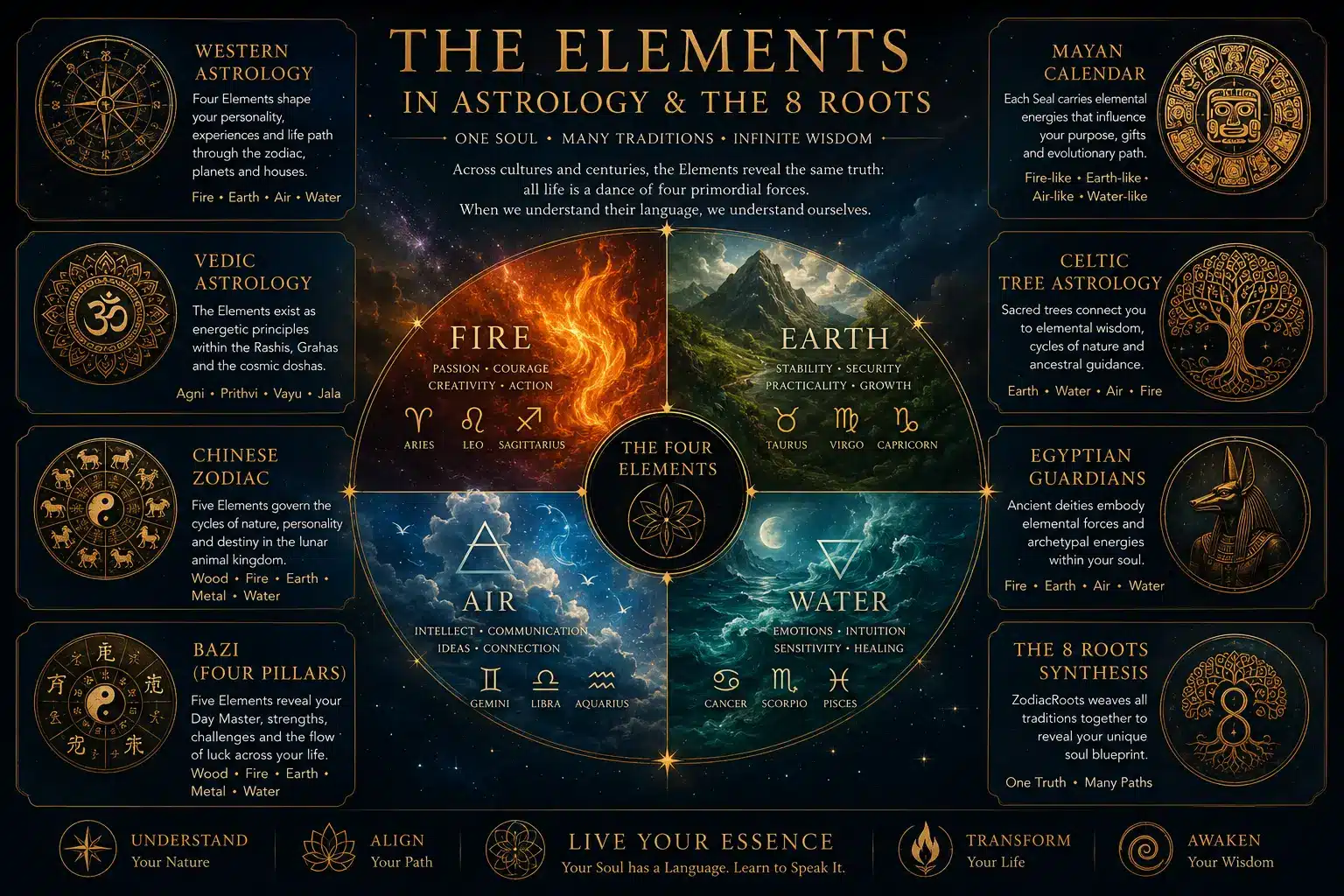Astrology Elements — Fire, Earth, Air and Water symbols in a cosmic wheel with golden celestial background, ZodiacRoots 8 Roots method
