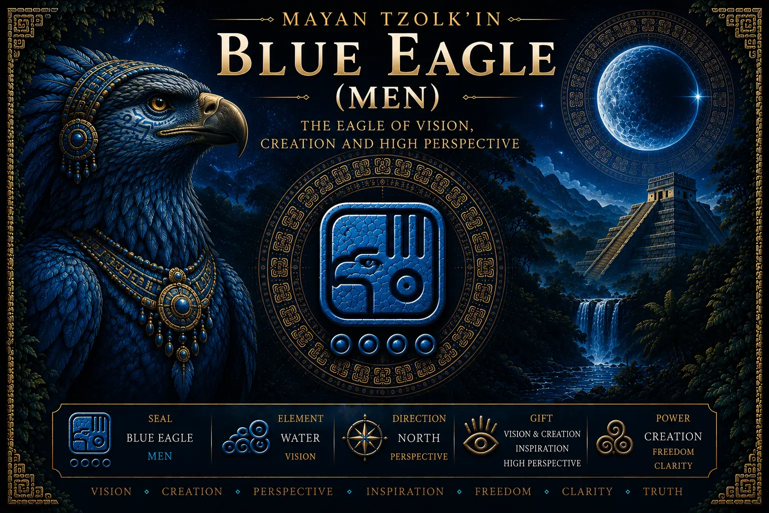 Blue Eagle Men sacred seal in the Mayan Tzolkin with vision, mind, perspective, creativity and expansive sky symbolism