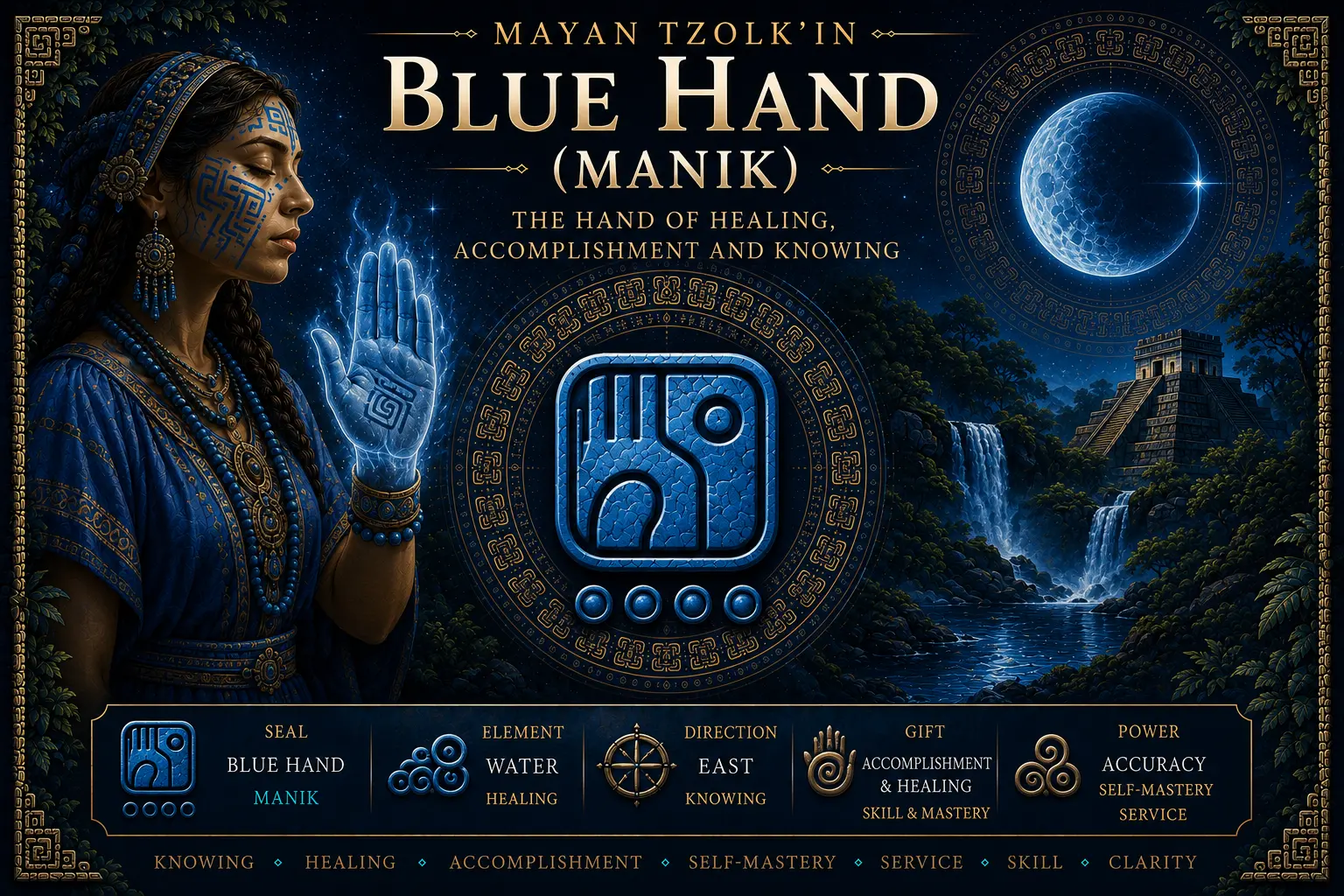 Blue Hand Manik sacred seal in the Mayan Tzolkin with healing hands, accomplishment, knowledge and transformative blue energy