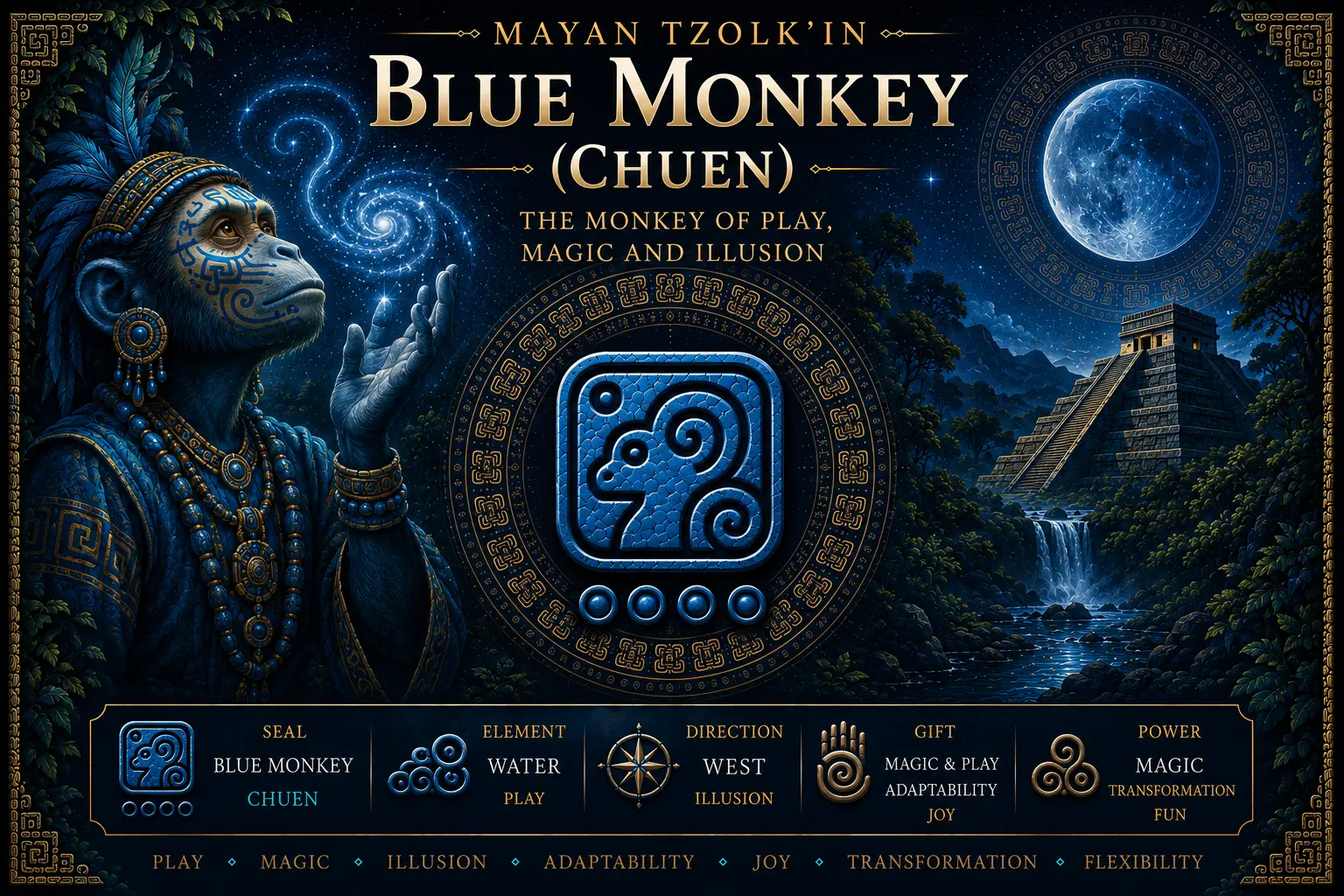 Blue Monkey Chuen sacred seal in the Mayan Tzolkin with magic, play, creativity, innocence and joyful transformation