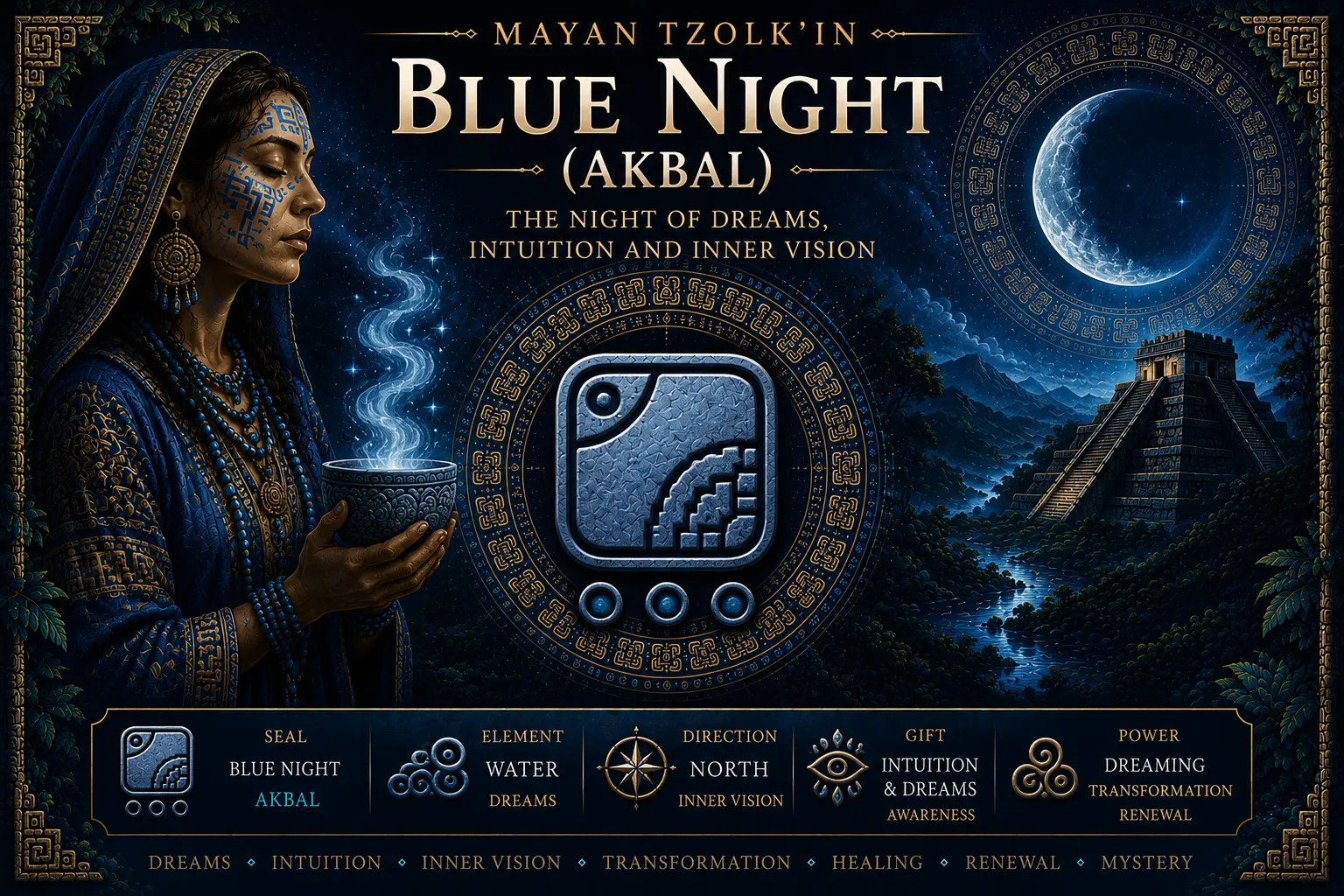 Blue Night Akbal sacred seal in the Mayan Tzolkin with dreams, intuition, inner vision, abundance and a luminous night sky