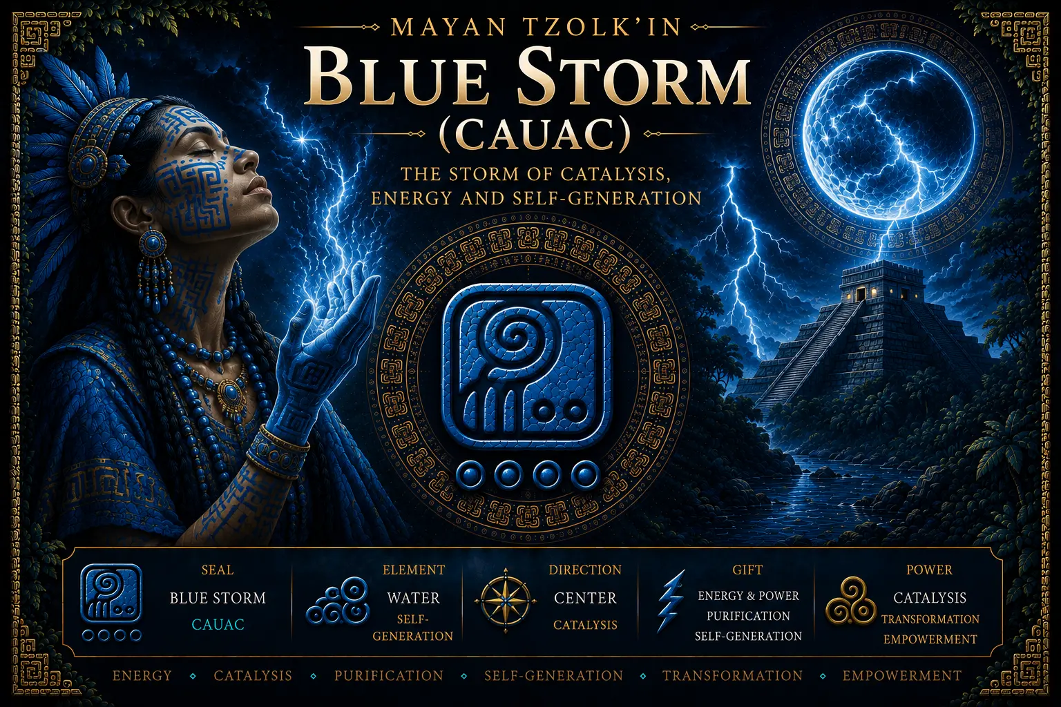 Blue Storm Cauac sacred seal in the Mayan Tzolkin with lightning, catalytic energy, self-generation and transformation